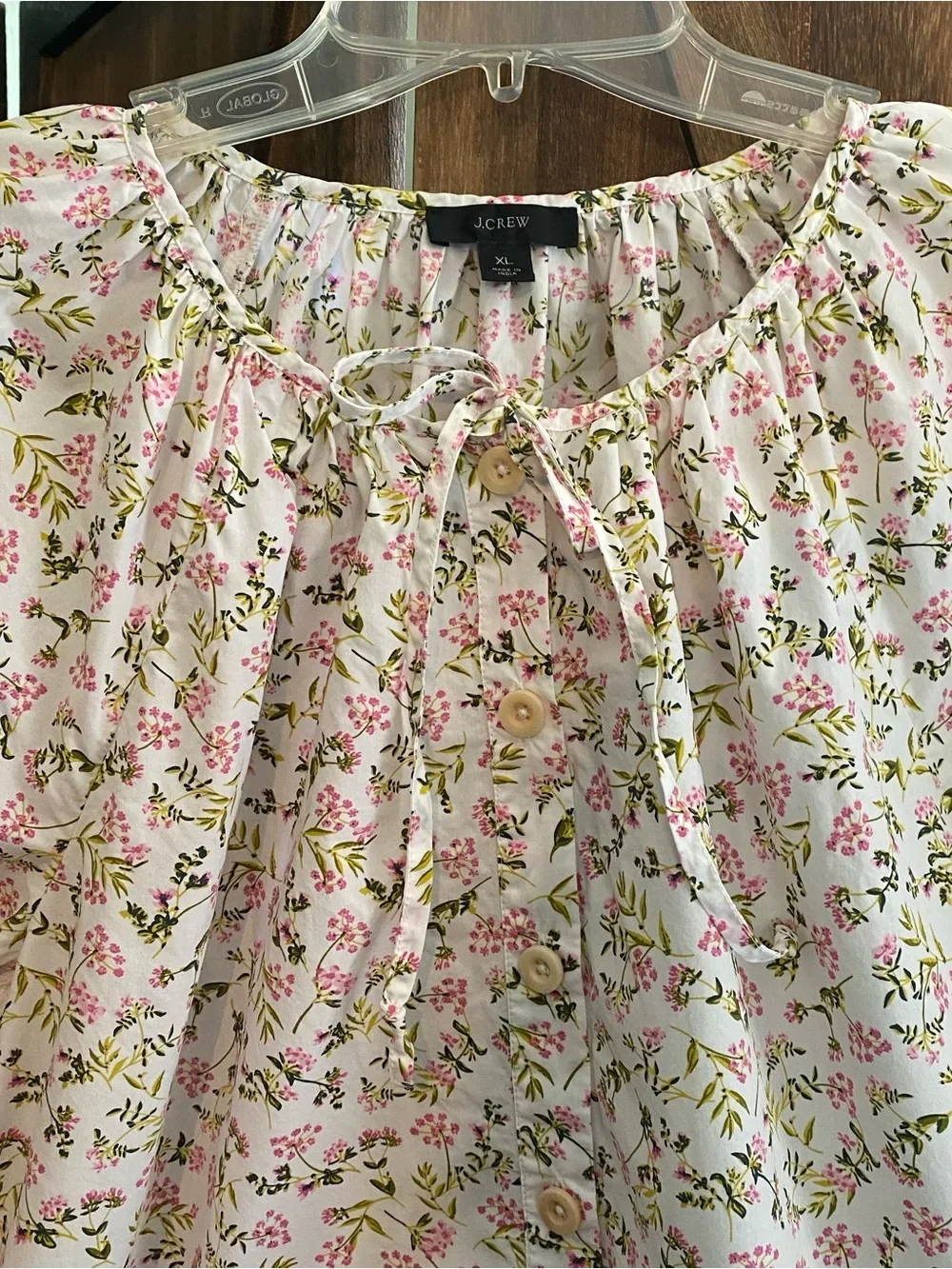 J. Crew Pink Floral Tie-Neck Button-Front Blouse